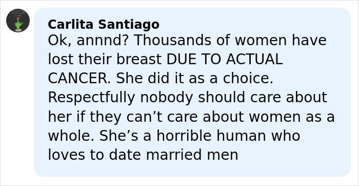 Screenshot of a social media comment criticizing Angelina Jolie for revealing mastectomy scars and addressing trolls.