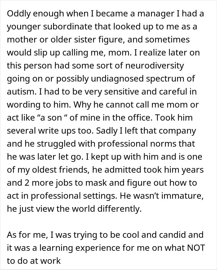 Text describing a woman weirded out as her coworker insists on calling her his work mom in a professional setting.
