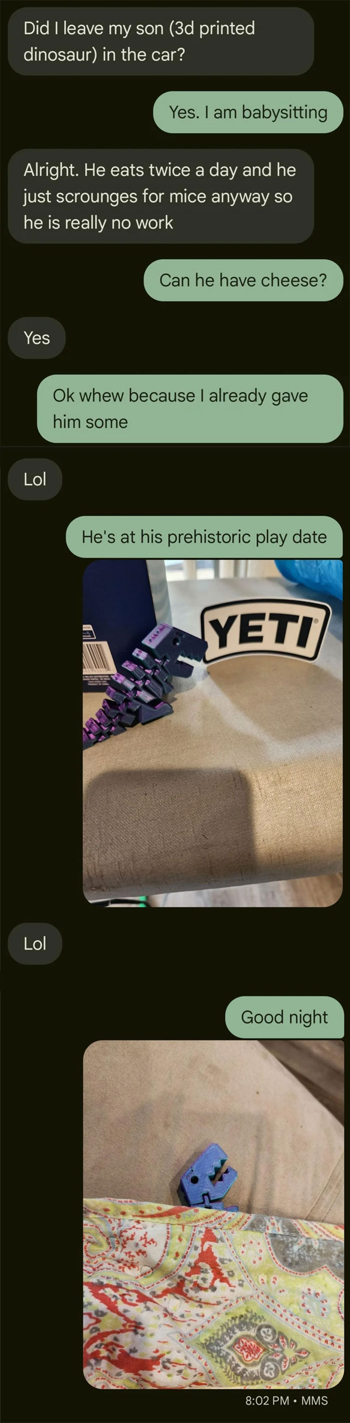 Text conversation with hilarious messages about babysitting a 3D printed dinosaur and playful photos included.