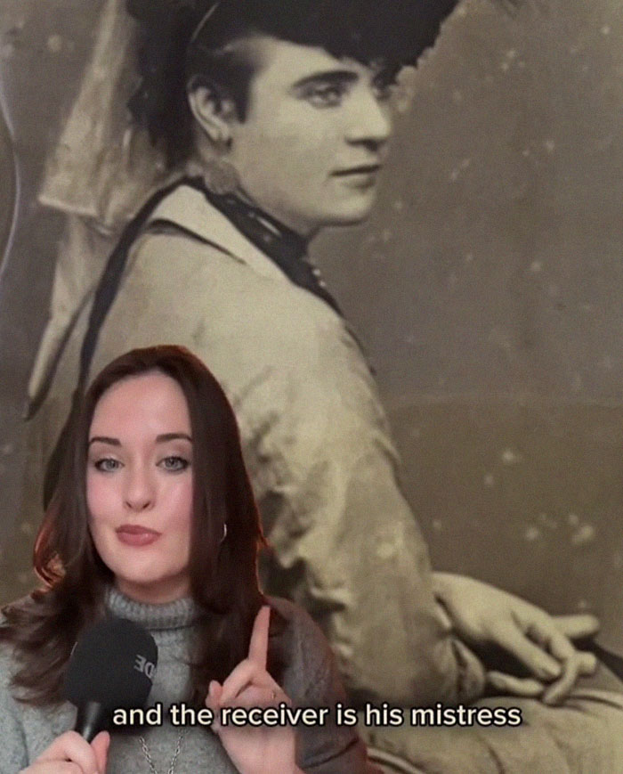 Woman speaking in front of historical photo, discussing letter from worst Victorian boyfriend and its impact on women.