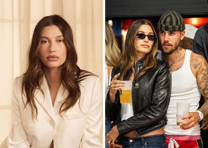 Hailey Bieber pictured in a white blazer and casual black leather jacket, representing celebrities who changed their names.