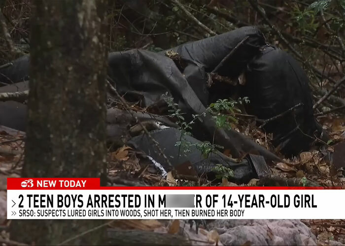 Covered body wrapped in black plastic in a wooded area related to two teens charged with homicide of 14-year-old girl Covered body wrapped in black plastic in a wooded area related to two teens charged with homicide of 14-year-old girl