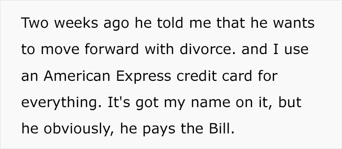 Text passage about SAHM at a loss when husband asks for divorce, mentioning credit card use and financial confusion.