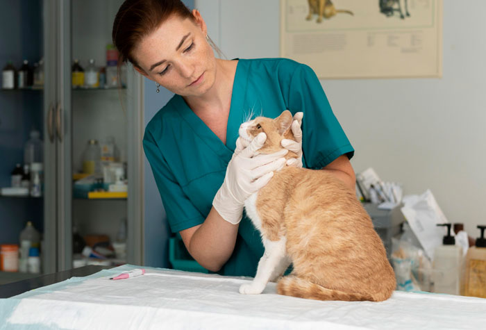 Veterinarian examining a cat during a checkup, illustrating moments experienced in front of doctors.
