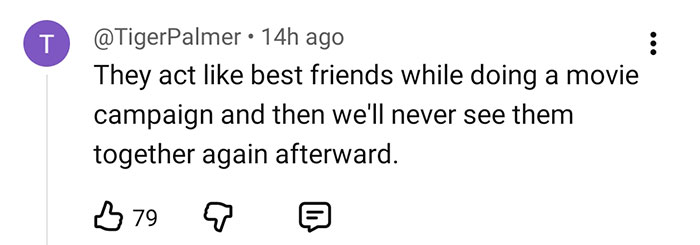 Comment on social media about movie campaign friendships, discussing public reactions to Sydney Sweeney lie detector controversy.