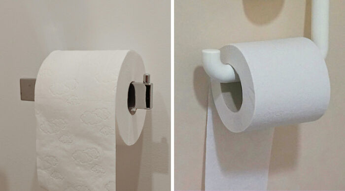 Toilet paper rolls mounted differently, illustrating a casual wear vs school uniforms style debate in everyday choices.