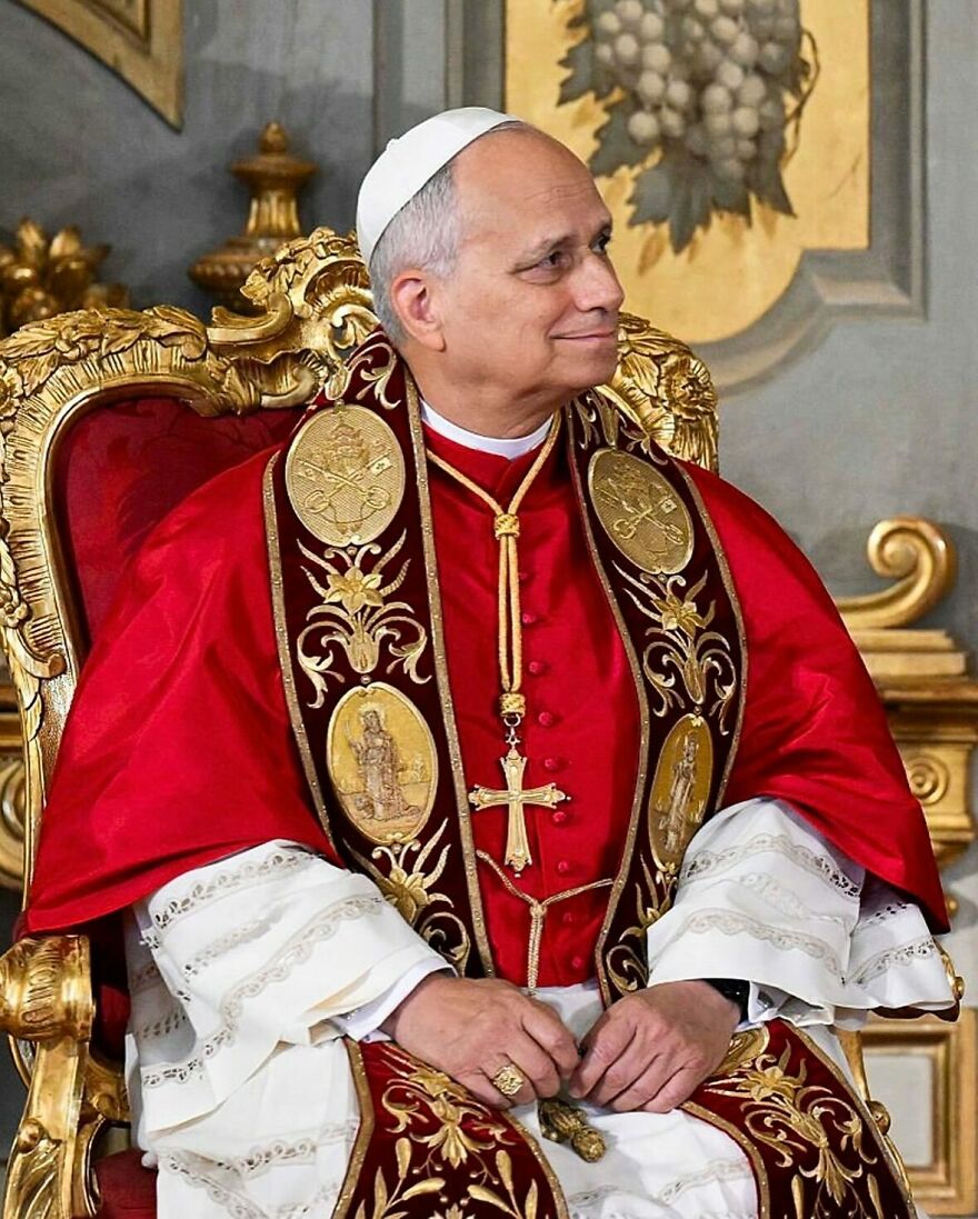 Religious leader in ornate red and gold robes seated on a gold throne, a notable 2025 pop culture moment.