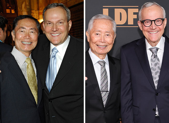 Two celebrity couples posing together at formal events, exemplifying lasting love and enduring relationships.