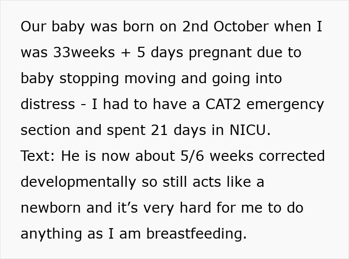 Alt text: Screenshot of a text message describing a premature baby's birth, NICU stay, and breastfeeding challenges.
