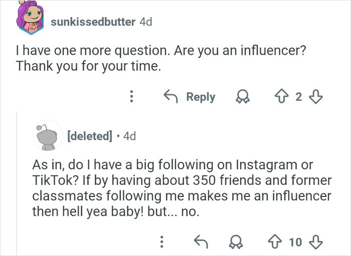 Reddit conversation with ex-employee discussing influence and credibility while addressing veganism online.