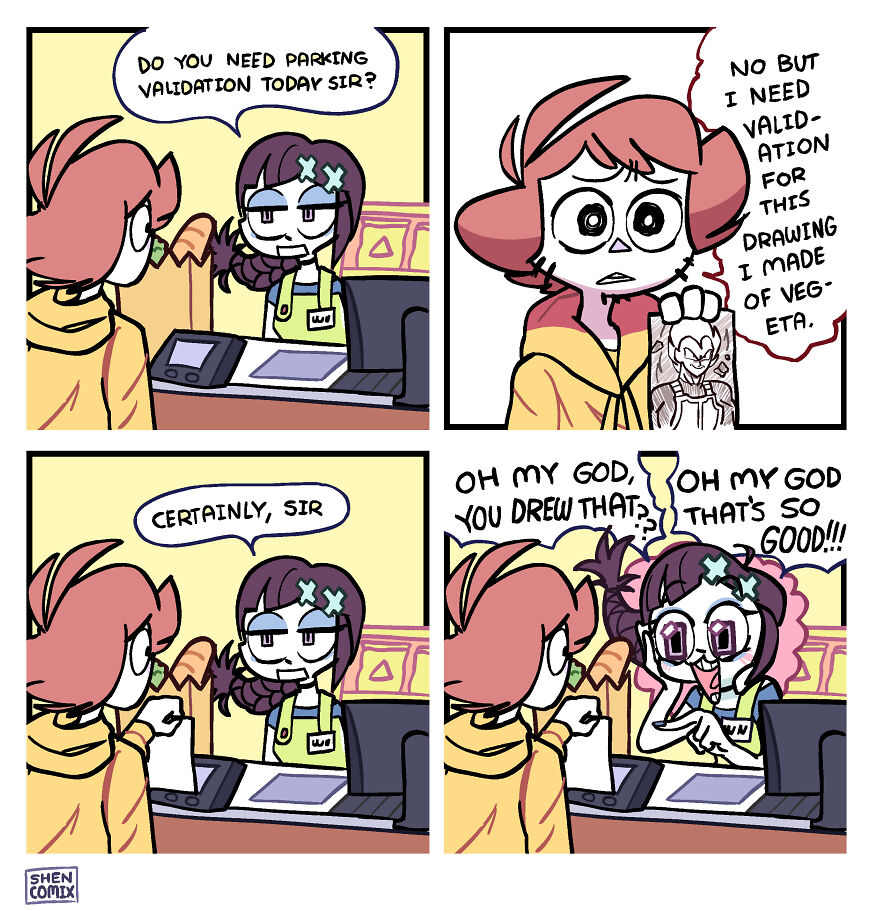 Comic showing a customer asking for validation for a drawing, highlighting relatable adulthood humor by Shen Comix.