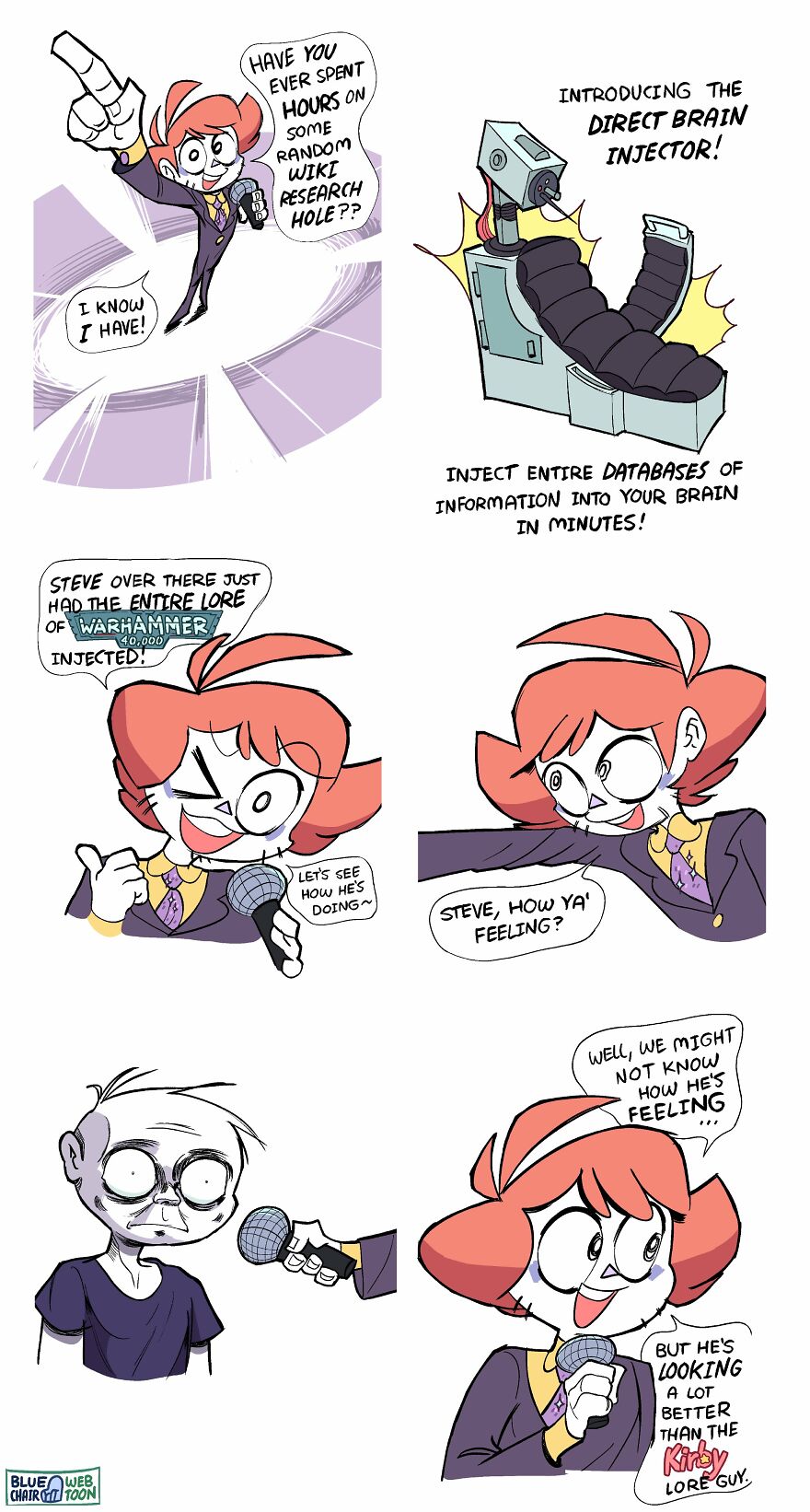 Comic strip about adulthood and life showing a character humorously overwhelmed after brain injector of Warhammer lore.