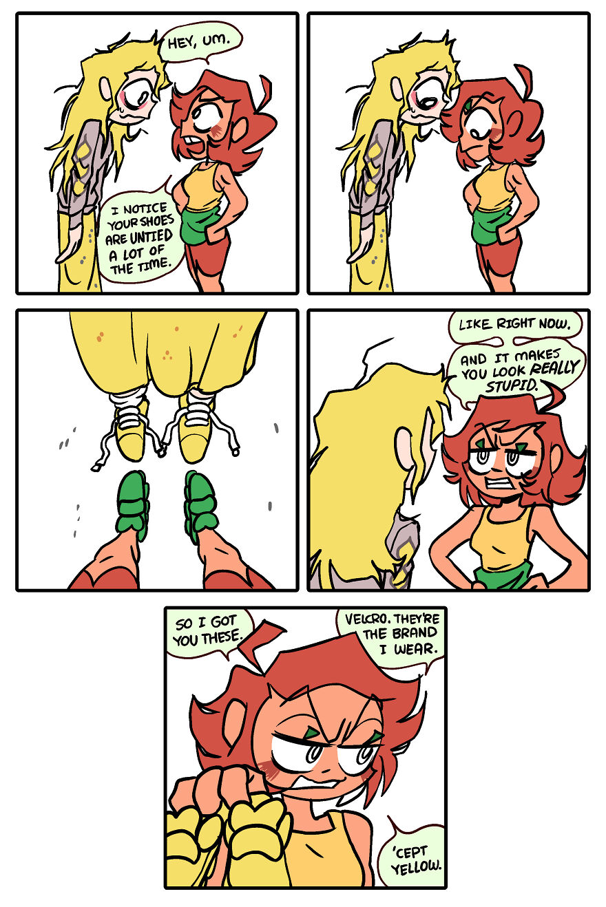 A humorous comic about adulthood showing two characters discussing untied shoes and practical footwear choices.