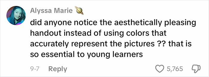 Comment by Alyssa Marie questioning homeschool handout colors, sparking viral homeschool clip discussions on parenting choices.
