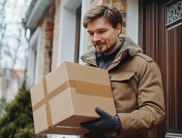 Man in winter coat holding a cardboard box outdoors, symbolizing crazy things people have done to make their ex pine for them.