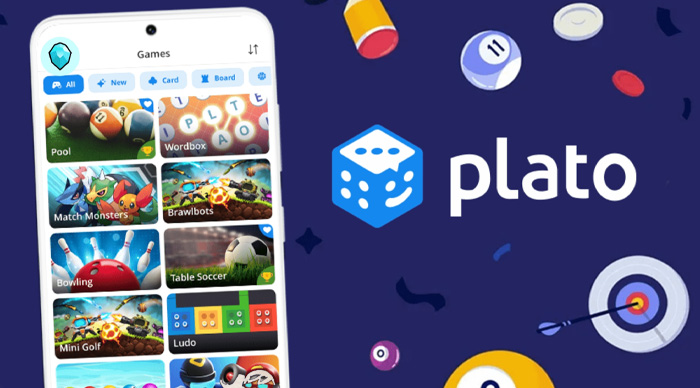 Mobile screen displaying a variety of party games on the Plato app, a popular best party game platform.