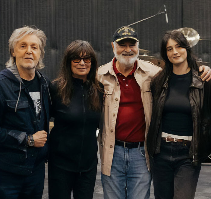 Group photo of four people indoors, caption related to Jimmy Kimmel breaking silence on Donald Trump comments about Rob Reiner.