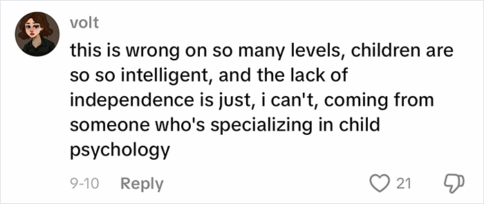 Comment criticizing parenting choices in a viral homeschool clip, highlighting concerns about children's independence and intelligence.