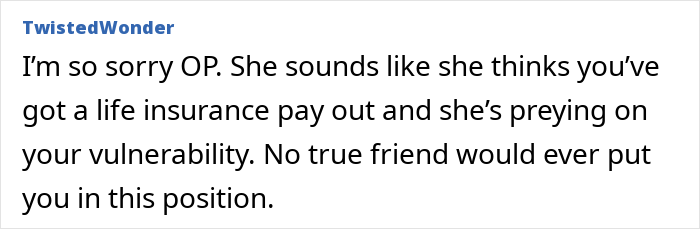 Comment discussing a woman sad about ending a 22-year friendship due to friend’s unreasonable request and vulnerability. Comment discussing a woman sad about ending a 22-year friendship due to friend’s unreasonable request and vulnerability.
