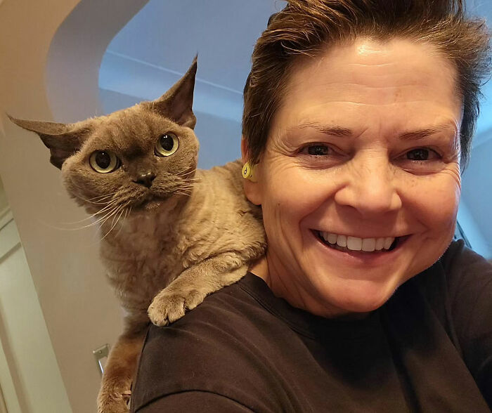 Close-up of a smiling woman with short hair and a cat on her shoulder, related to Marvelous Mrs. Maisel actress news.