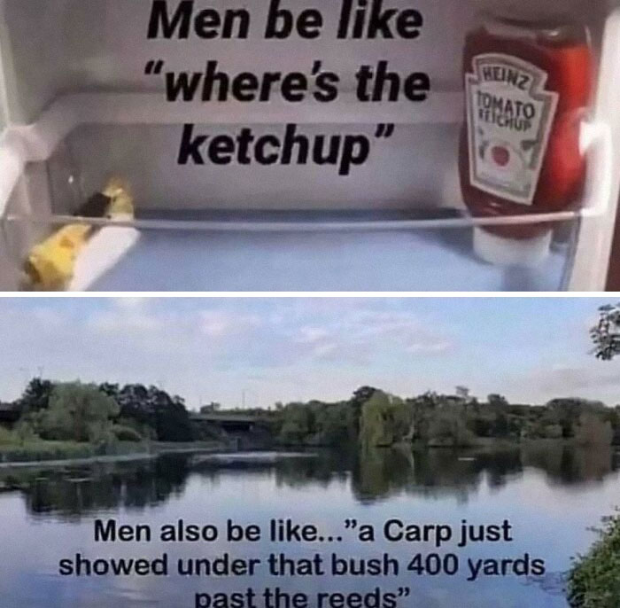 Open dude fridge with ketchup bottle and humorous text about men’s typical fridge and fishing comments.