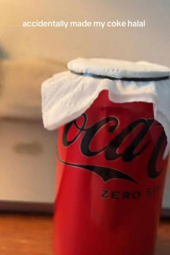 Red Coca-Cola can with a paper towel on top and humorous caption, a playful example of dude fridges creativity.