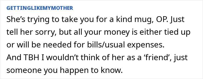 Text comment on a screen about ending a long friendship due to a friend's unreasonable request causing sadness for a woman. Text comment on a screen about ending a long friendship due to a friend's unreasonable request causing sadness for a woman.