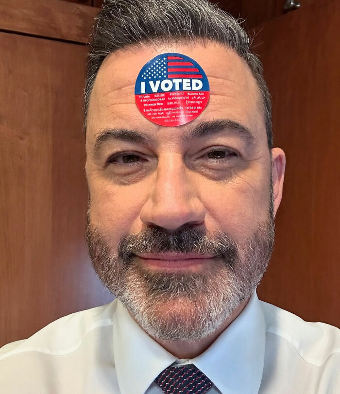Jimmy Kimmel with I Voted sticker on forehead, reflecting on Donald Trump hateful and vile comments on Rob Reiner.