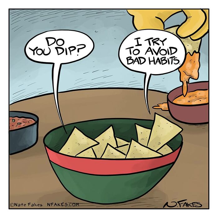 Comic by Nate Fakes showing a humorous conversation about dipping chips, highlighting funny and relatable moments.