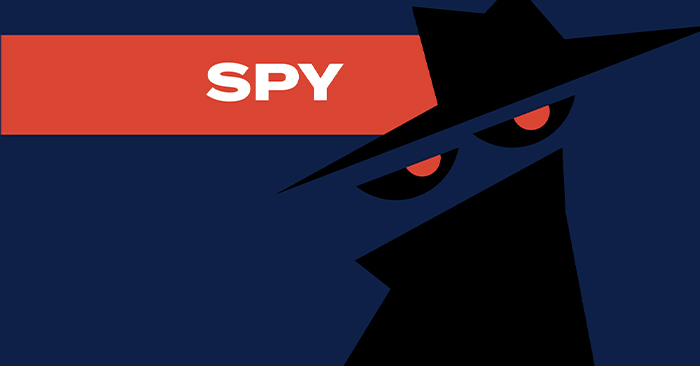 Stylized spy figure with red eyes and hat in dark colors representing the best party game of all time concept.