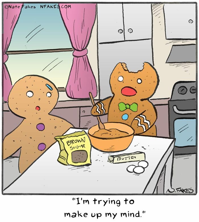 Comic panel showing two gingerbread characters baking in a kitchen, featuring funny and relatable Nate Fakes comics.