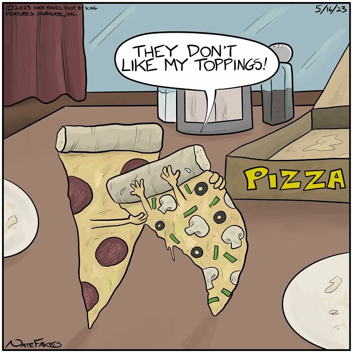 Cartoon pizza slices with toppings, one slice upset saying they don’t like my toppings in a Nate Fakes comic.