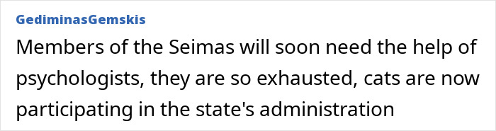 Comment by Gediminas Gemski on lawmakers' exhaustion and cats participating in Lithuania's state administration.