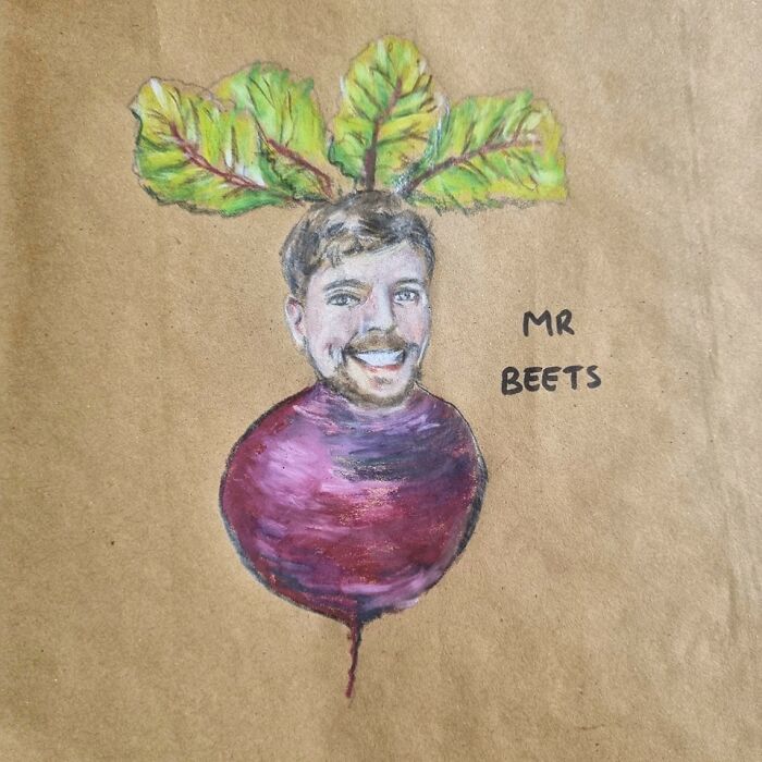 Hand-drawn dad joke illustration of a beet with a man's smiling face and beet leaves titled Mr Beets on a lunch bag.