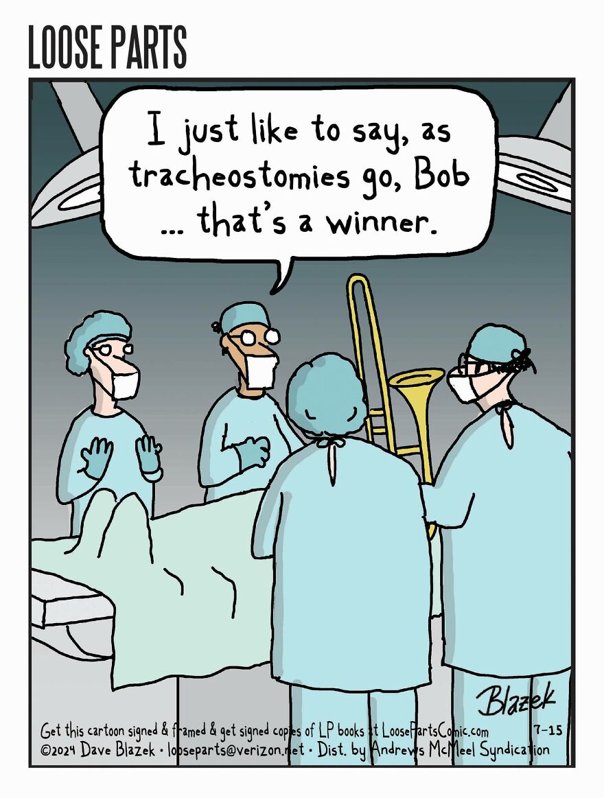 Hospital-themed cartoon shows surgeons in an operating room with one holding a trombone instead of medical instruments.