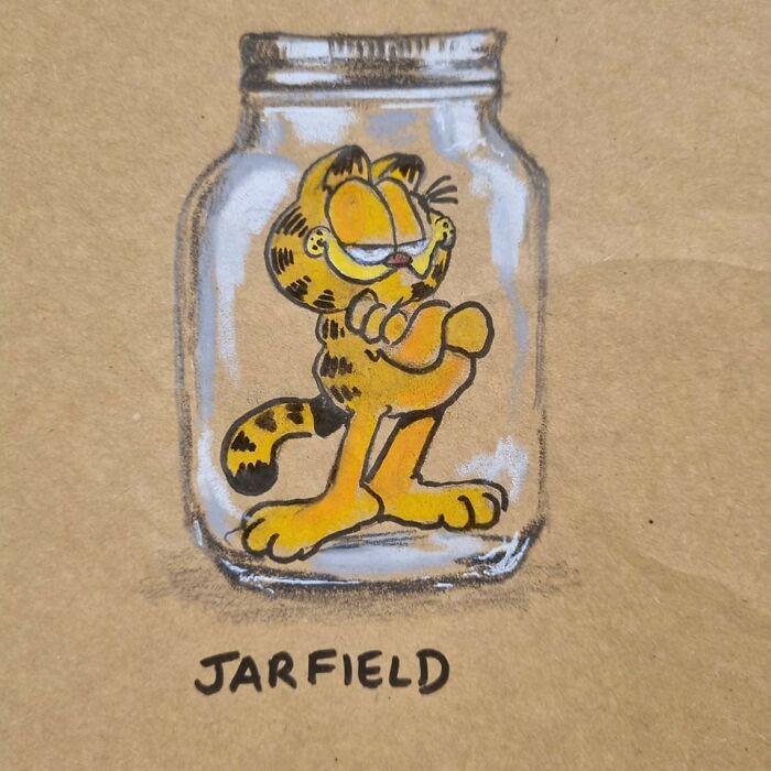 Hand-drawn dad joke of a cat character inside a jar, illustrating a pun for kids' lunch bags with humor and creativity.