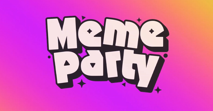 Meme party game logo with bold white letters on a vibrant pink and orange gradient background, highlighting the best party game.