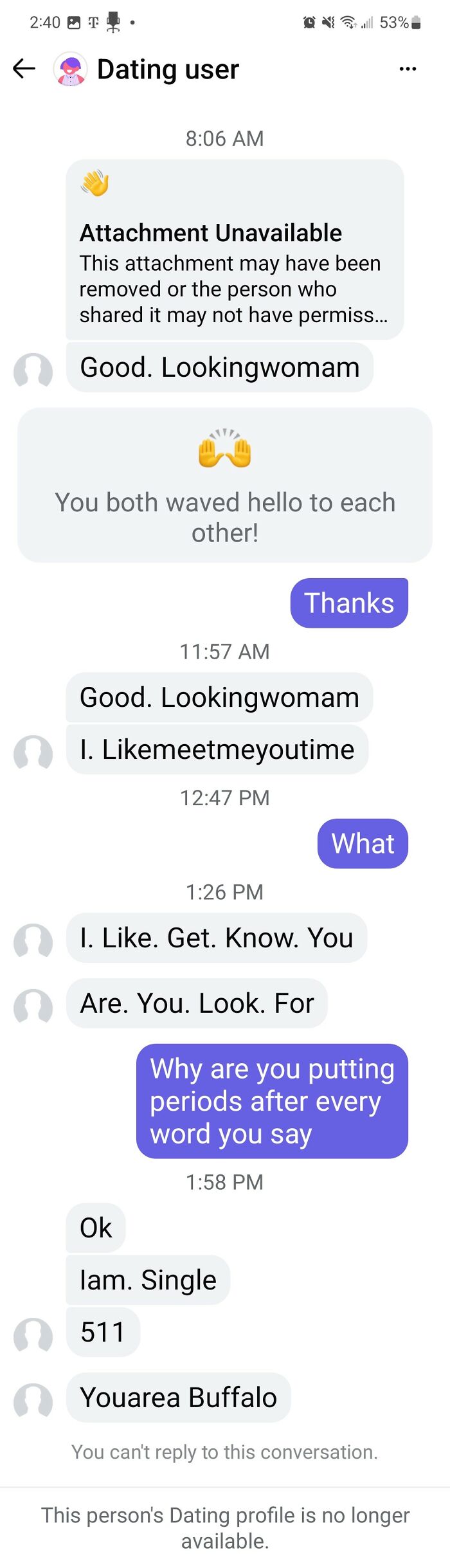 Screenshot of a cringy and pathetic message exchange from a man awkwardly messaging a woman on a dating app.