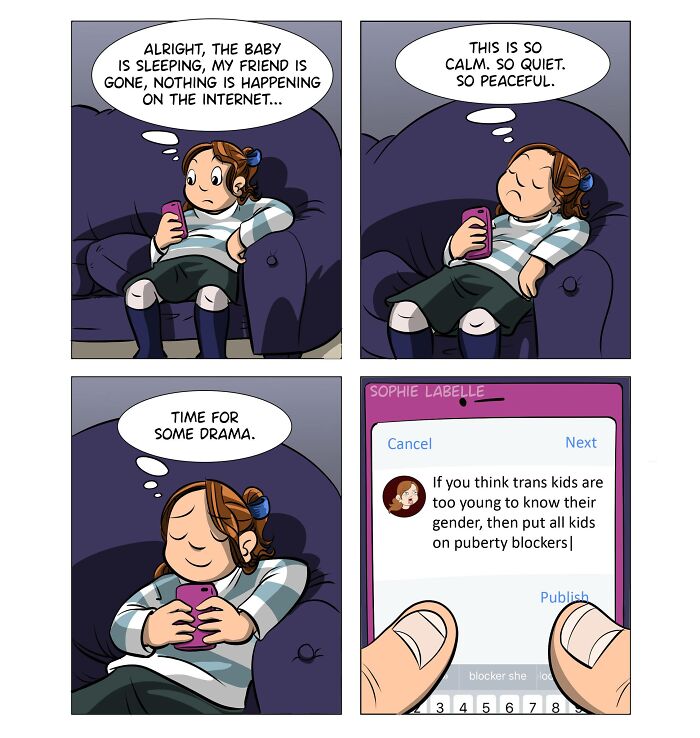 Comic strip by Sophie Labelle showing a girl on a couch preparing to post about trans kids and puberty blockers online.