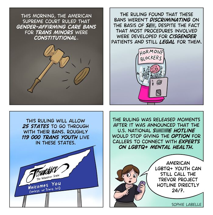 Comic panels by Sophie Labelle highlighting LGBTQ+ topics including gender-affirming care bans and impacts on trans youth and mental health support.