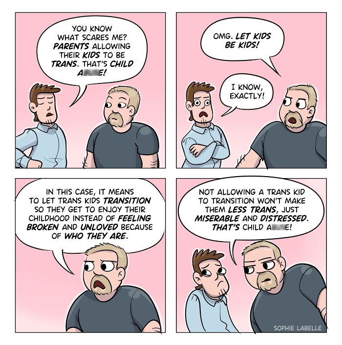 Comic by Sophie Labelle showing a conversation about letting trans kids transition and supporting LGBTQ+ youth.