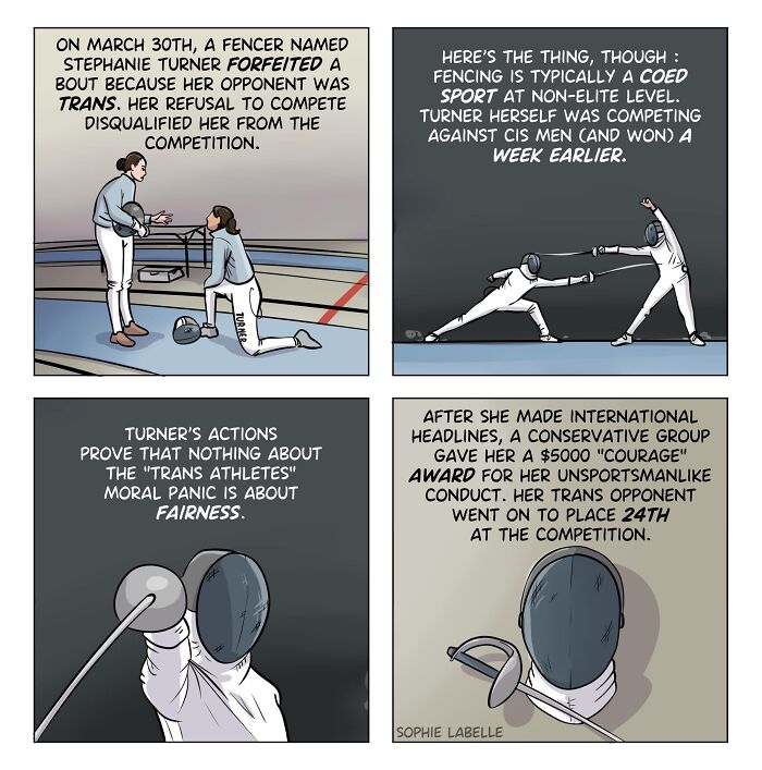 Comic panels by Sophie Labelle depicting a transgender fencer disqualified and issues in LGBTQ+ sports fairness.