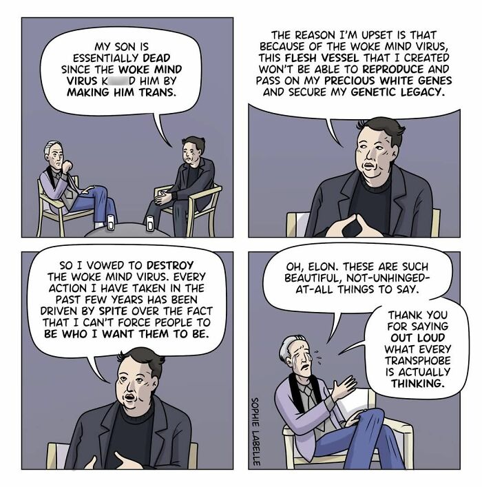 Comic panels discussing transphobia and the "woke mind virus," part of new comics by Sophie Labelle on LGBTQ+ topics.