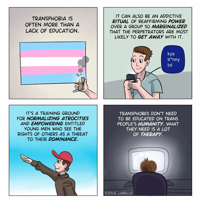 Comic panels by Sophie Labelle addressing transphobia and LGBTQ+ topics, highlighting empowerment and the need for therapy.