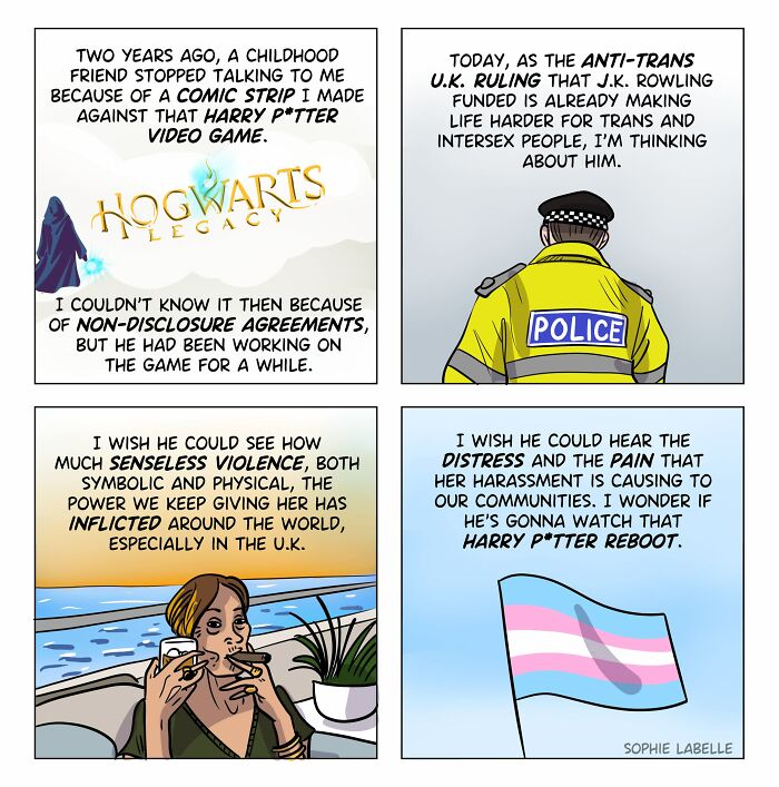 Comic panels by Sophie Labelle addressing anti-trans violence, distress, and harassment with a focus on LGBTQ+ themes.