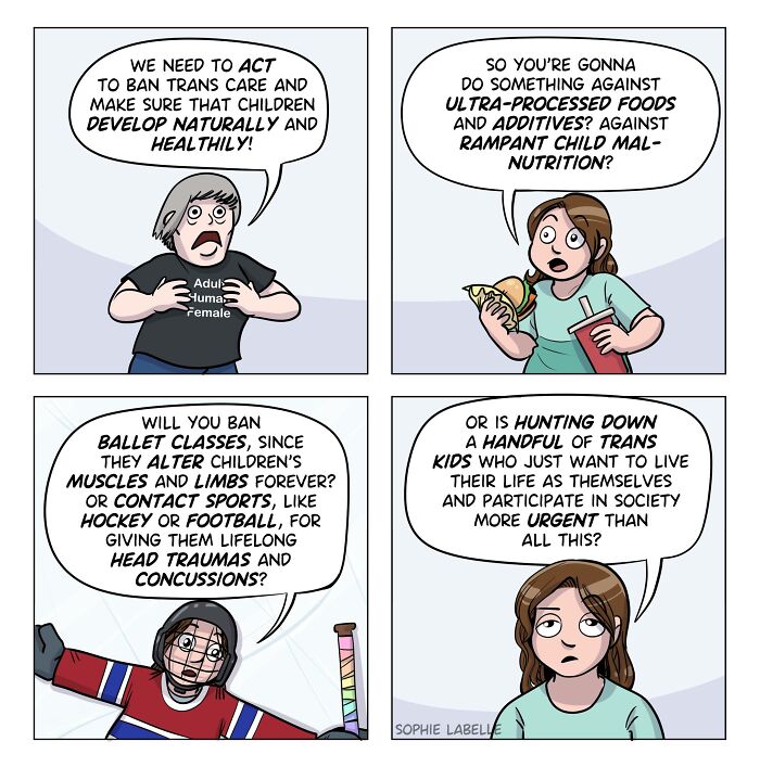 Comic panels by Sophie Labelle addressing LGBTQ+ topics, highlighting trans care debates and childhood health concerns.
