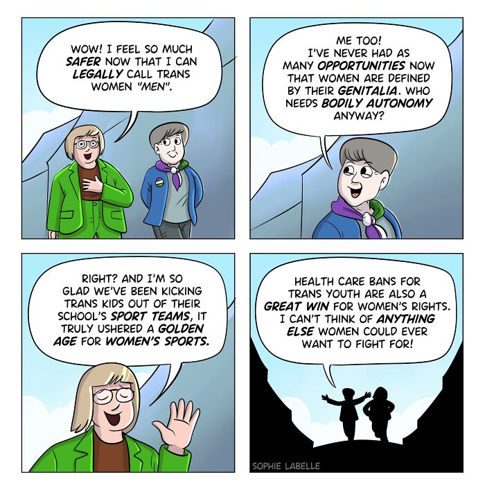 Comic panels by Sophie Labelle addressing LGBTQ+ topics, transgender rights, and women's sports debates in a colorful, satirical style.