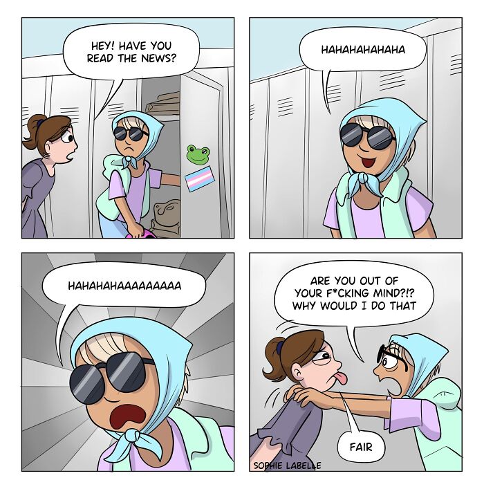 Comic panels by Sophie Labelle featuring LGBTQ+ themes with a humorous exchange between two characters in a school setting.