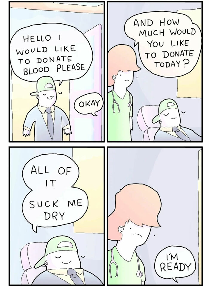 Comic strip from Extra Fabulous Comics showing a dark humor scene about donating blood with an unexpected ending.