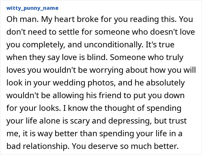 User comment expressing sympathy about a woman finding secret texts of fianc&eacute; complaining about her appearance before wedding photos.